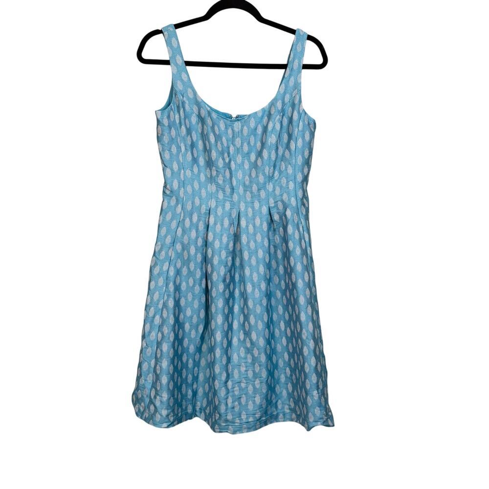 Nine West Mini Fit & Flare Dress 6 Blue Polka Dots Pleated Sleeveless Scoop Neck